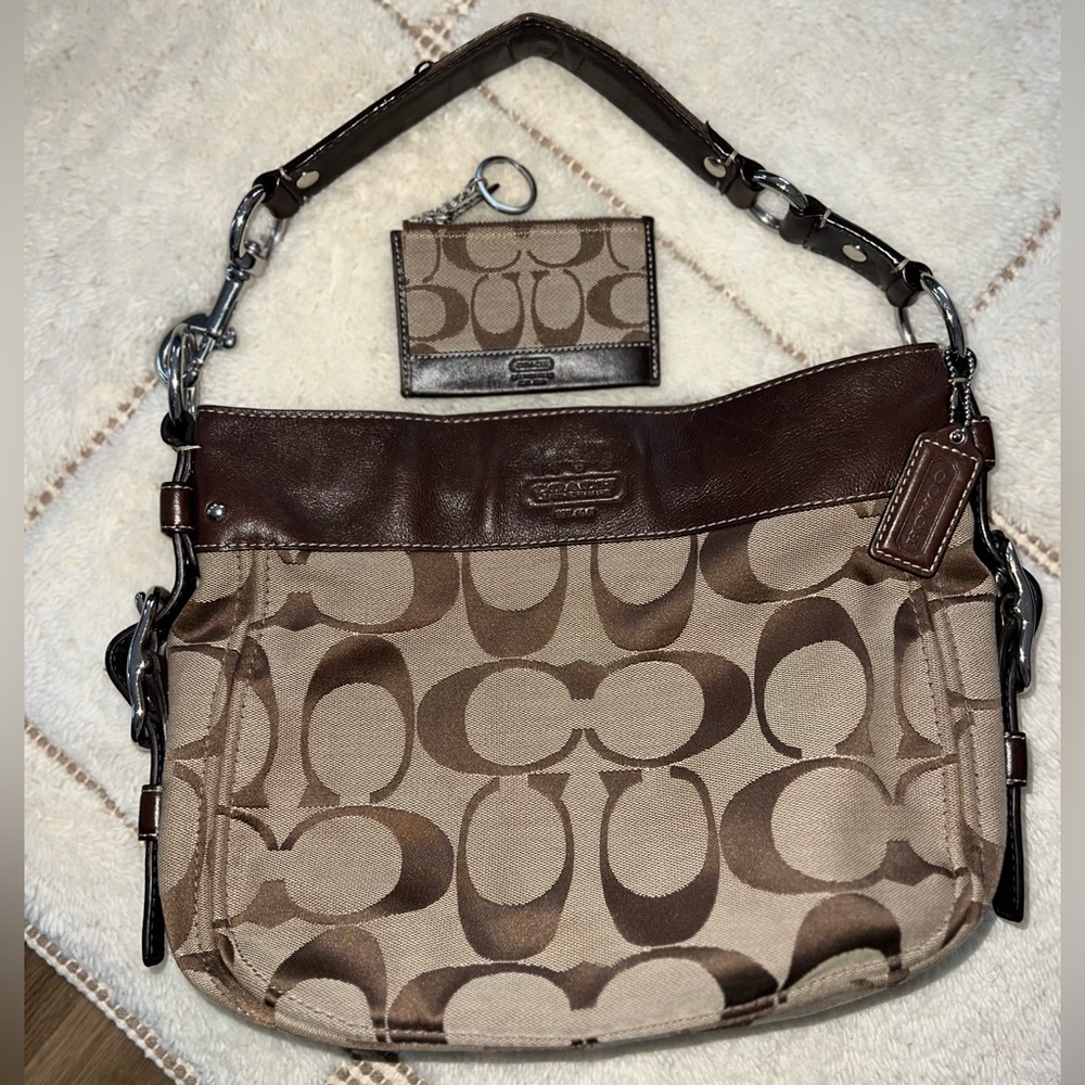 Vintage Coach Tan and Brown Signature Shoulder Bag & Wallet